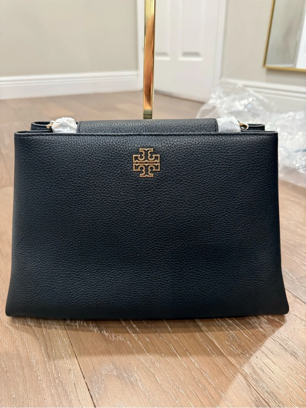 Tory Burch Black Pebbled Leather Top-Handle Satchel with Gold Logo crossbody
